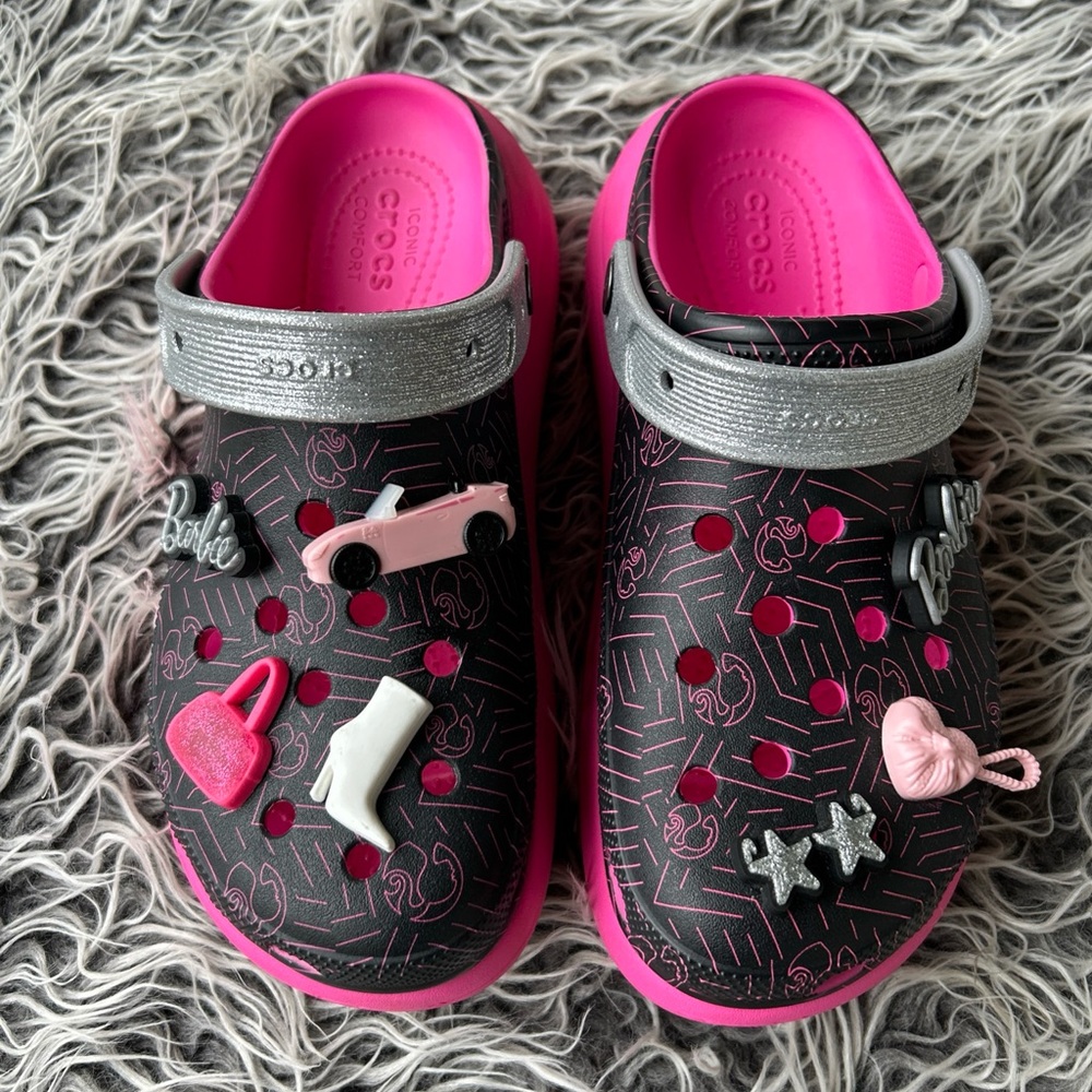 CROCS BARBIE CRUSH CLOG Women’s Size 11 Black Pink Sparkly Platform Men’s Sz 9